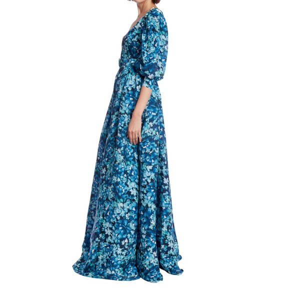 Badgley Mischka Blue Print Puff Sleeve Gown, Size 10 (NWT) - Picture 10 of 11